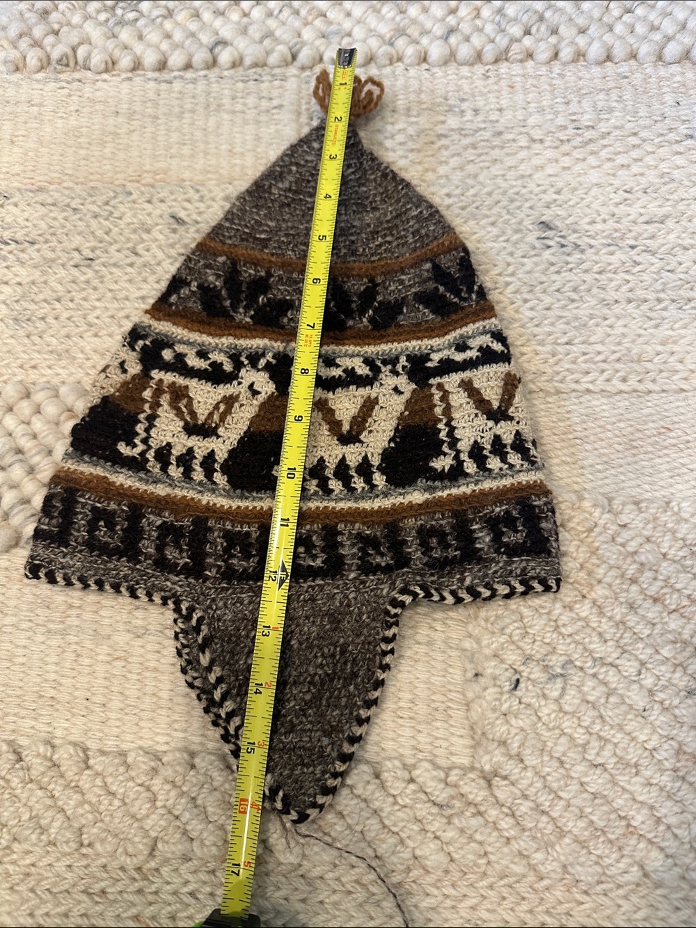 Handmade Knit Earflap Beanie with Andean Motif in Brown, Black & Cream